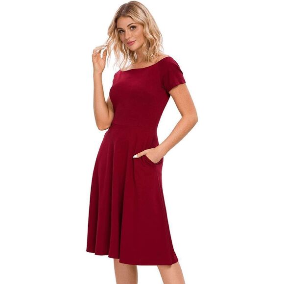 ❤️ Off Shoulder Short Sleeve Cocktail Burgundy Dress with Pockets SIZES M, L NEW - Picture 4 of 16